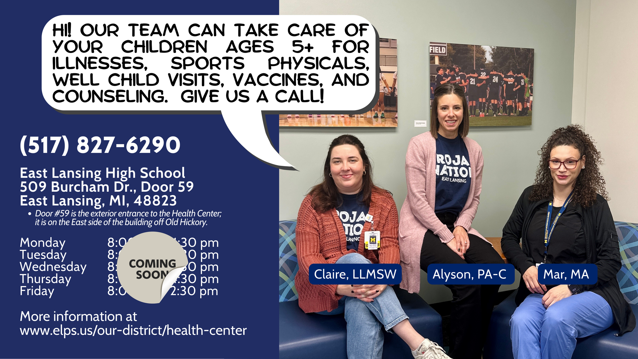 health center hours and information along with a photo of health center staff