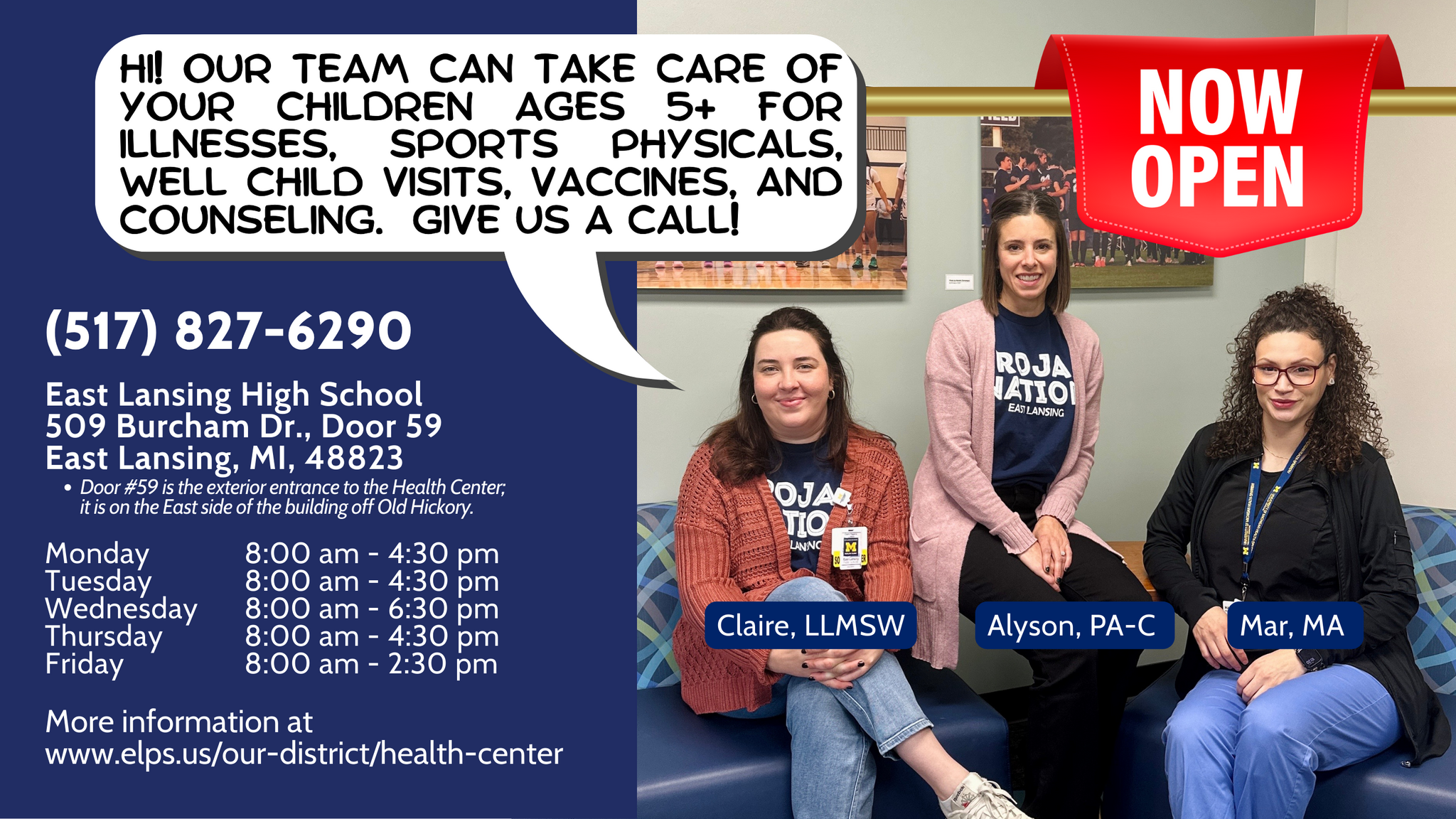 health center hours and information along with a photo of health center staff