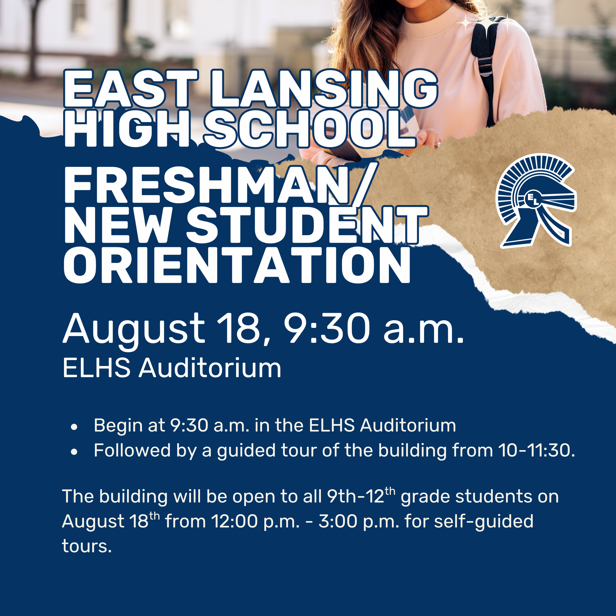 Freshman & New Student Orientation is happening August 18 at 9:30 a.m. in the ELHS Auditorium. Come meet your classmates, get the inside scoop on high school life, and take a guided tour of the building! The building will be open to all 9th–12th grade students from 12 p.m.–3 p.m. for self-guided tours.