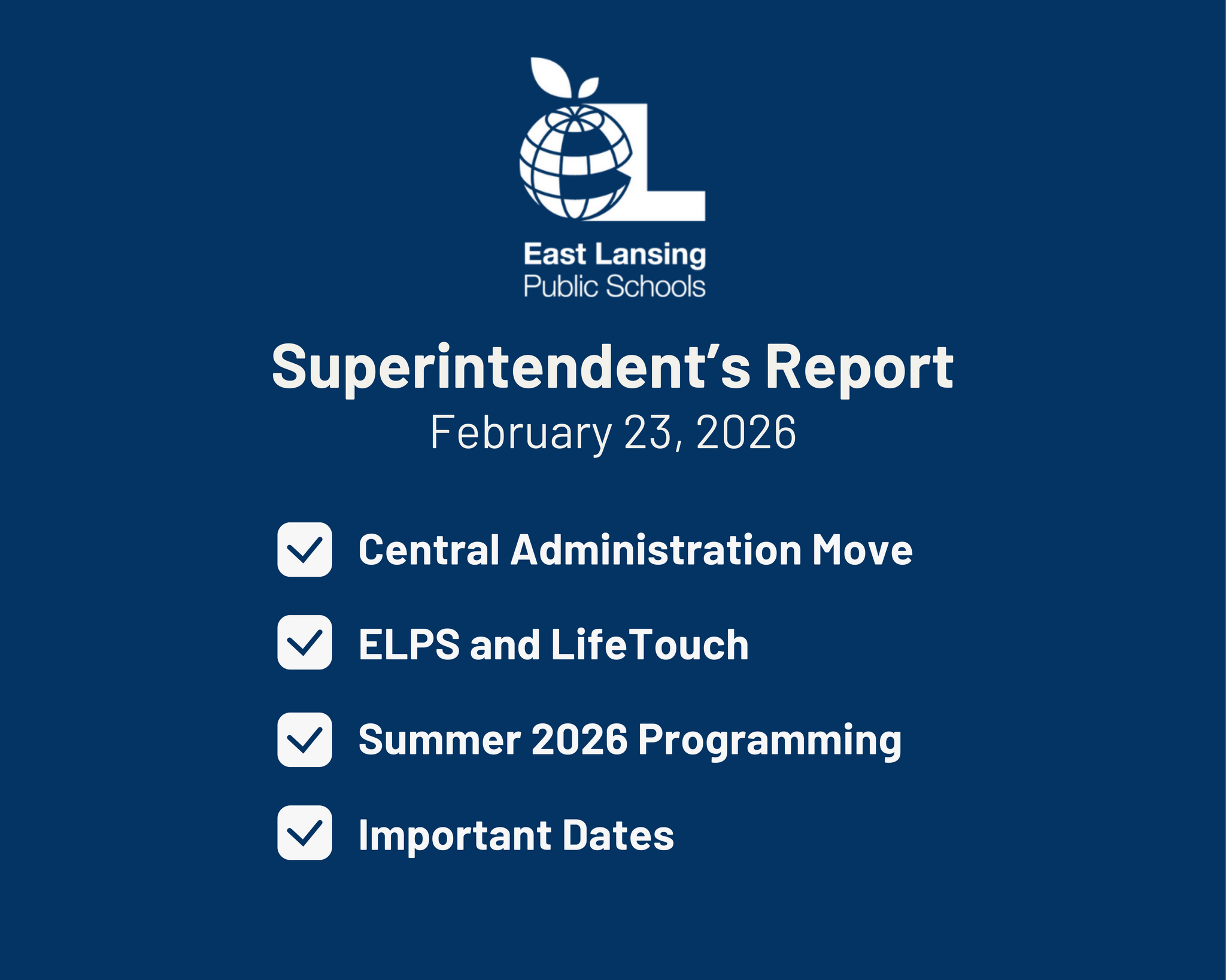highlights of the report listed including central office move, elps and lifetouch, summer 2026 programming, nd important dates